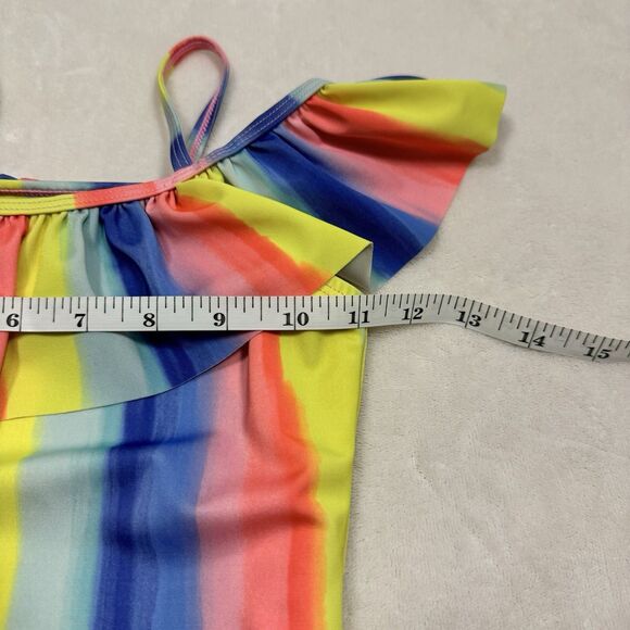 Nautica Girls 7 SM One Piece Swimsuit Neon Rainbow Stripe UV Protection Ruffle - Picture 7 of 7